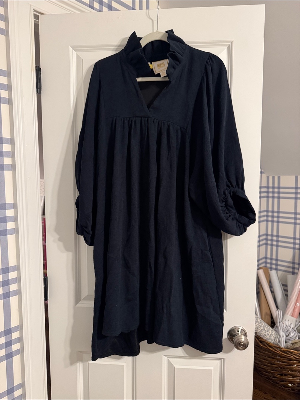Emily McCarthy Stella Dress in black accordion fabric and puff Sleeves